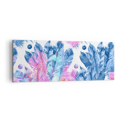 Tablou pe pânză - Pene în alb și albastru - 140x50 cm