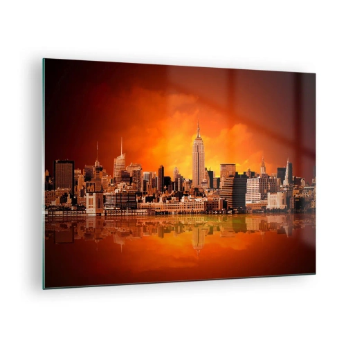 Tablou pe sticlă - Panoramă a orașului la apus - 70x50cm - Panorama unui oraș mare în galben și maro - Decorațiune modernă pentru perete pentru living și dormitor ARTTOR