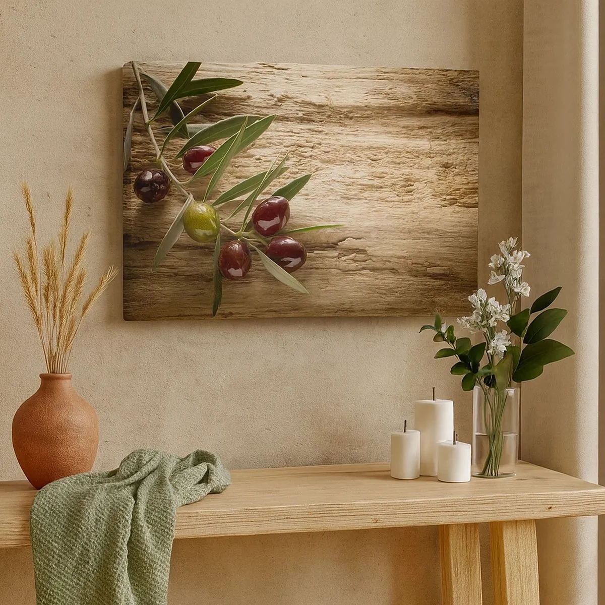 Tablou pe pânză Canvas - ramură de măslin cu fructe pe un fundal de lemn învechit - 70x50cm - Direct din natură - Decorațiune modernă pentru perete pentru living și dormitor ARTTOR