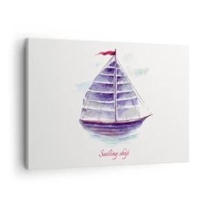 Tablou pe pânză Canvas - O pictură în acuarelă a unei barci cu pânze pe apă cu o inscripție delicată - 70x50cm - Pânze pline și apă calmă - Decorațiune modernă pentru perete pentru living și dormitor ARTTOR