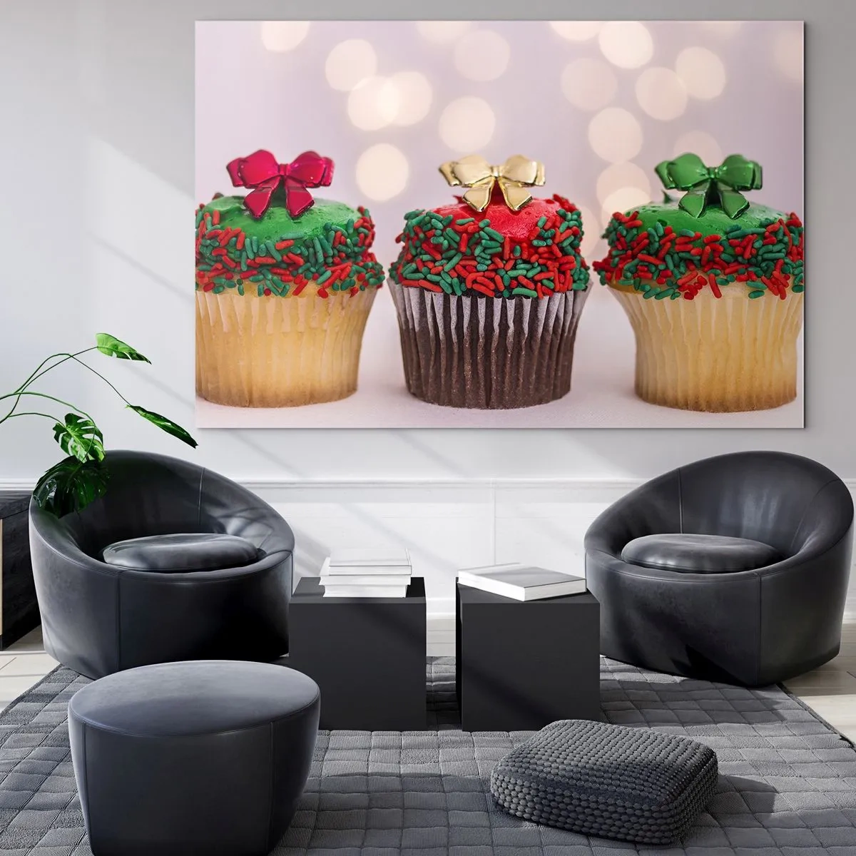 Tablou pe sticlă - Brioșe de Crăciun cu decorațiuni cu funde - 70x50cm - Dulciuri la gât - Decorațiune modernă pentru perete pentru living și dormitor ARTTOR