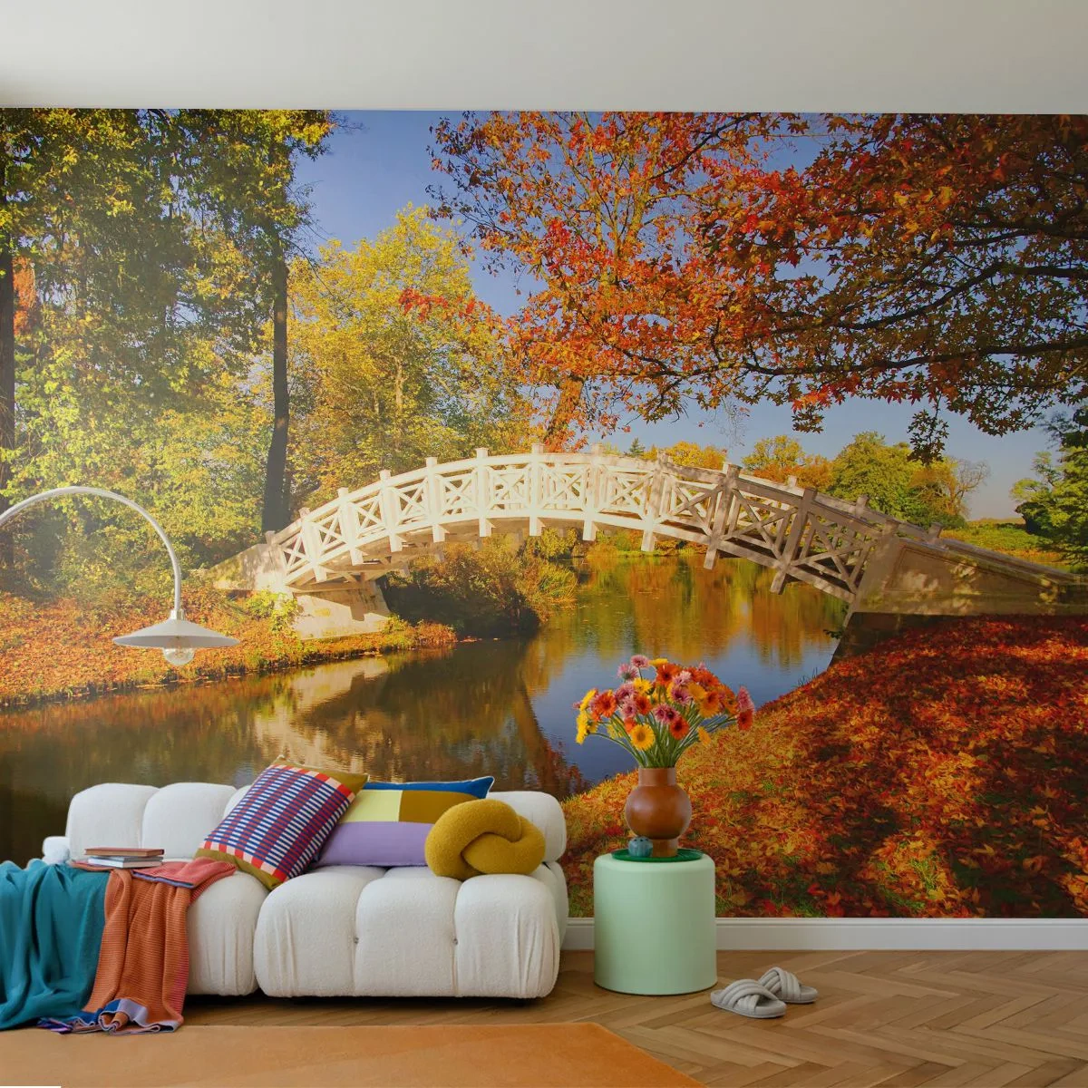 Tapet Premium Canvas - Pe podul alb al suspinelor - Peisaj, Parc, Pod de lemn - 250x175 cm