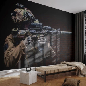 Tapet Standard Eco - Soldat tactic cu o armă în întuneric - 100x70cm - Eficient mortal - Decorațiune modernă pentru perete pentru living și dormitor ARTTOR