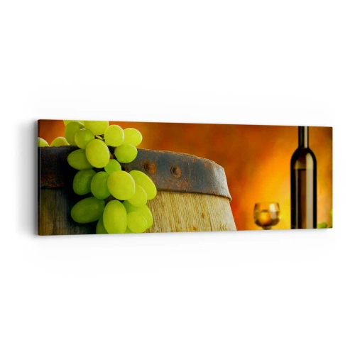 Tablou pe pânză - Natură moartă cu o sticlă de vin și un ciorchine de struguri - 90x30 cm