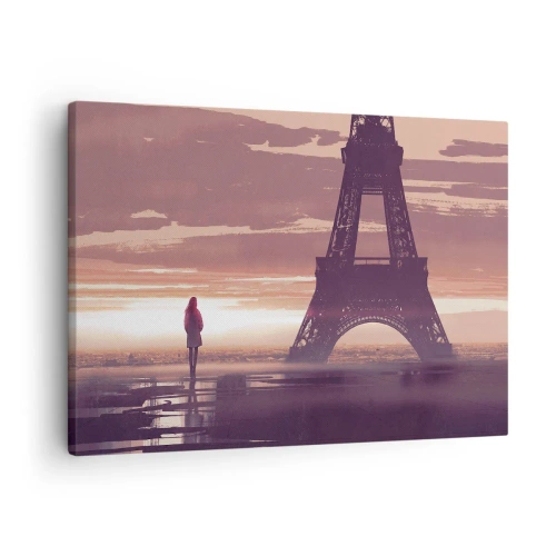 Tablou pe pânză Canvas - O figură privind Turnul Eiffel în lumina soarelui care apune - 70x50cm - Doar ele două - Decorațiune modernă pentru perete pentru living și dormitor ARTTOR