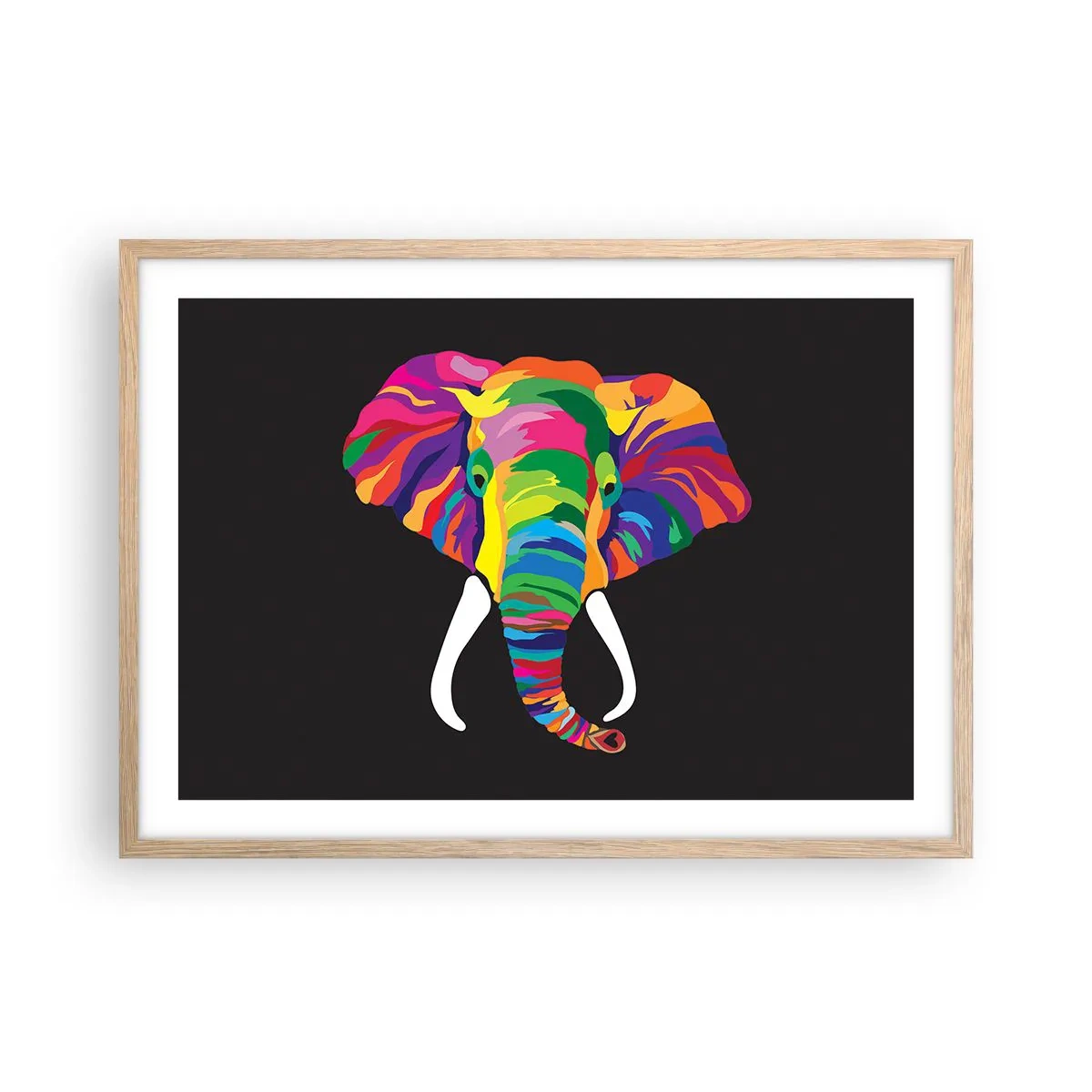 Poster în ramă de stejar deschis - Elefantul căruia îi plăcea să se scalde în curcubeu - 70x50 cm