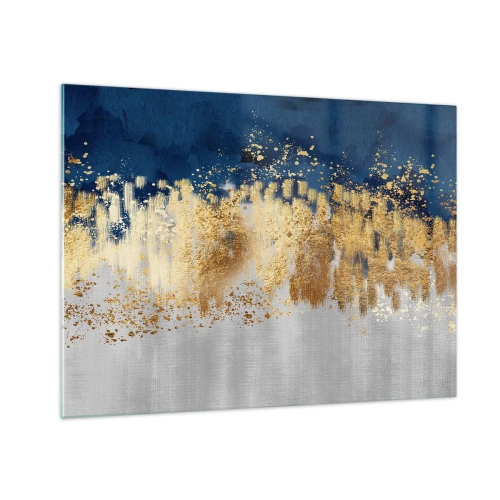 Tablou pe sticlă - Accente aurii pe un fundal bleumarin și argintiu - 70x50cm - Compoziție modernă cu bliț - Decorațiune modernă pentru perete pentru living și dormitor ARTTOR