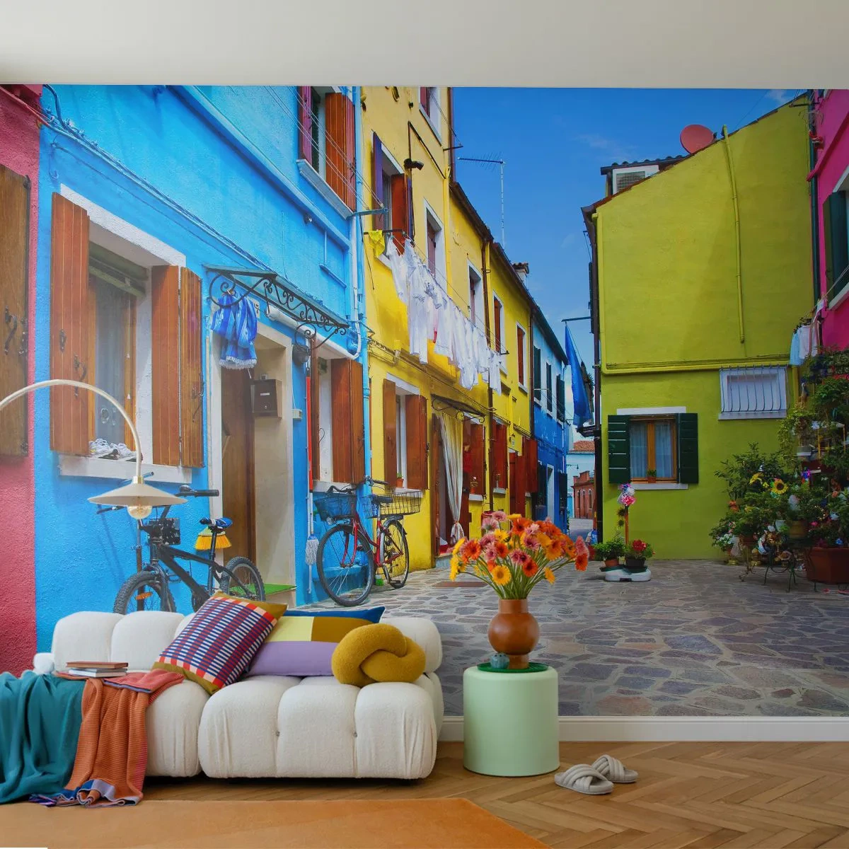 Tapet Premium Canvas - La capătul străzii pastelate și dulci - Oraș, Biciclete, Alee - 250x175 cm