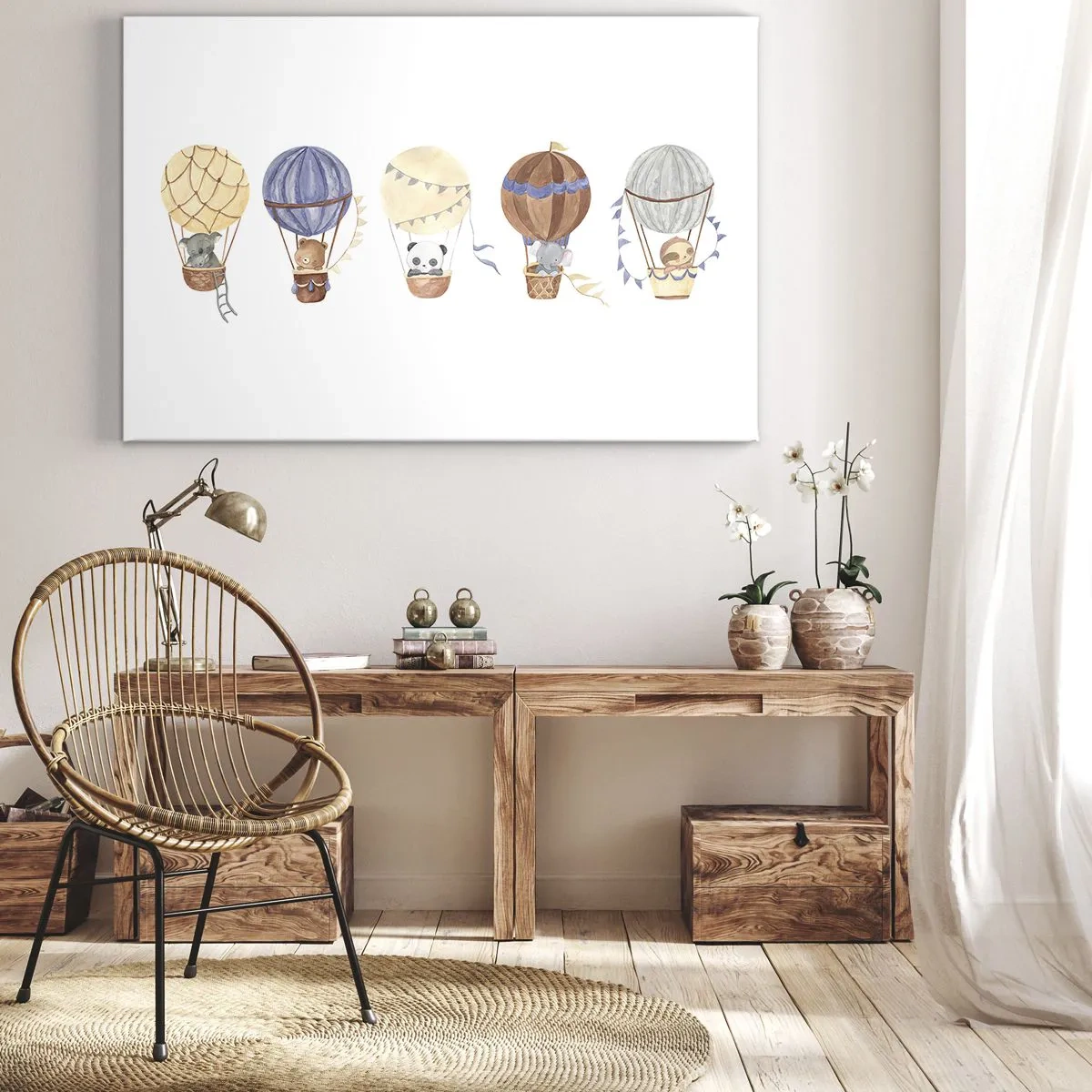 Tablou pe pânză Canvas - Animale drăguțe în baloane pe fundal alb - 70x50cm - Prieteni de călătorie - Decorațiune modernă pentru perete pentru living și dormitor ARTTOR