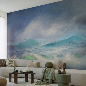 Tapet Premium Sand - Vârtejul a gemut de triumf... - Furtună, Val înalt, Păsări - 200x140 cm