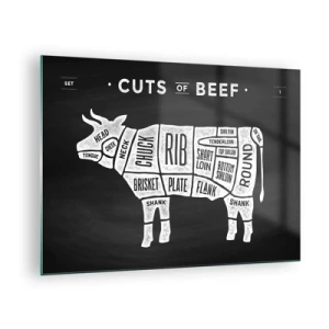 Tablou pe sticlă - Diagrama tăierii de vită pe o tablă neagră - 70x50cm - Abecedar de măcelar - Decorațiune modernă pentru perete pentru living și dormitor ARTTOR