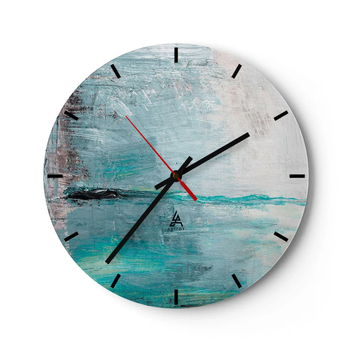 Ceas de perete - Ceas pe sticlă - Un cadran de ceas cu un motiv abstract în nuanțe de albastru și gri. - 30x30cm - Orizontal în albastru - Decorațiune modernă pentru perete pentru living, bucătărie și dormitor ARTTOR