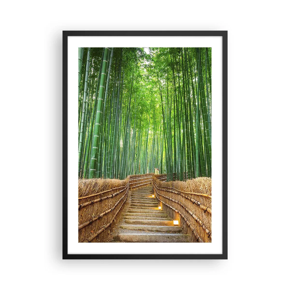 Poster în ramă neagră - Cale prin pădurea de bambus cu iluminare - 50x70cm - Esența naturii asiatice - Decorațiune modernă pentru perete pentru living și dormitor ARTTOR
