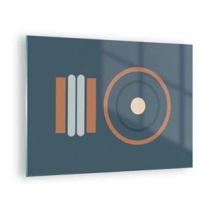 Tablou pe sticlă - Forme geometrice abstracte în culori estompate, cu cercuri și linii - 70x50cm - Esența problemei - Decorațiune modernă pentru perete pentru living și dormitor ARTTOR