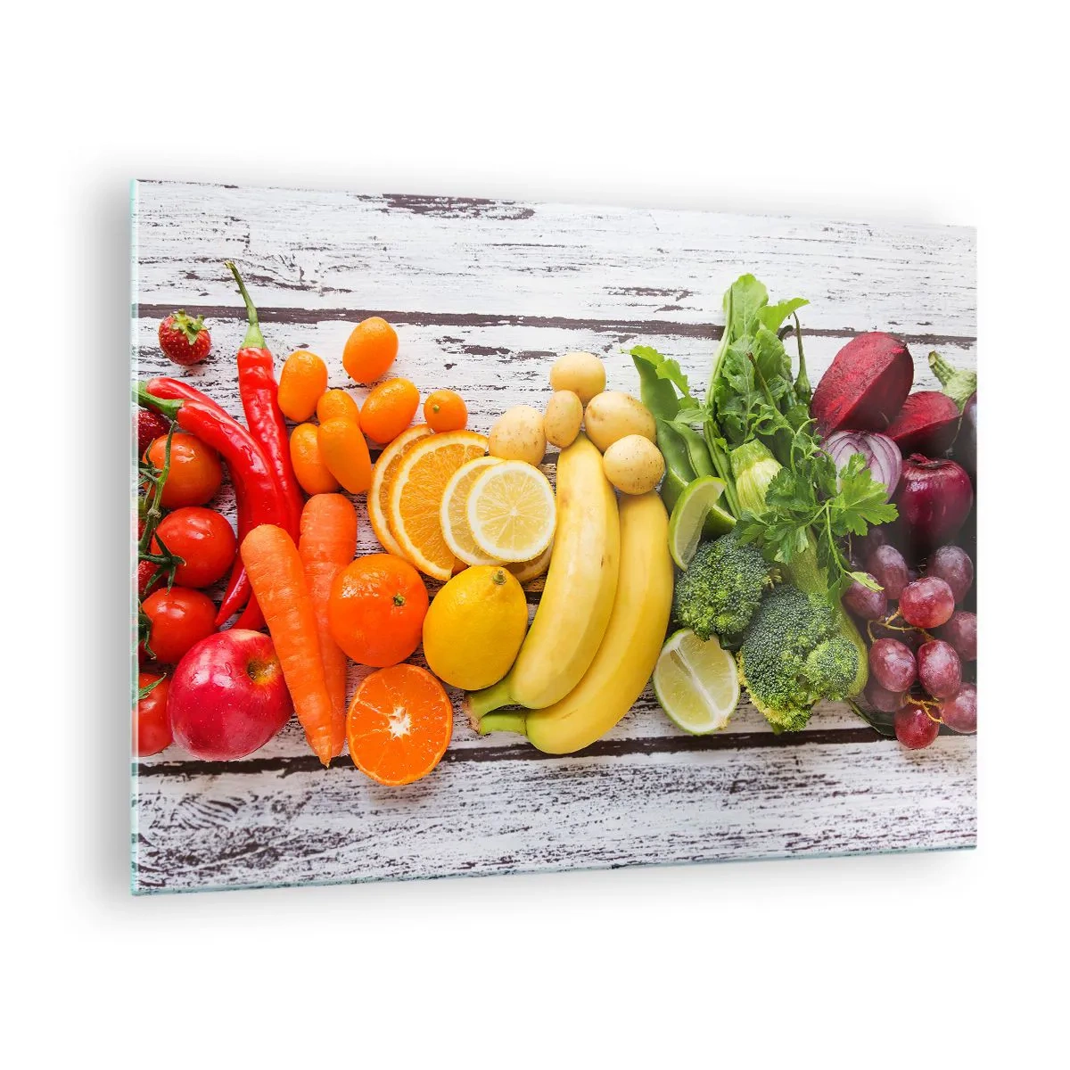 Tablou pe sticlă - Fructe și legume colorate aranjate pe o masă de lemn - 70x50cm - Nu este de ajuns? - Decorațiune modernă pentru perete pentru living și dormitor ARTTOR