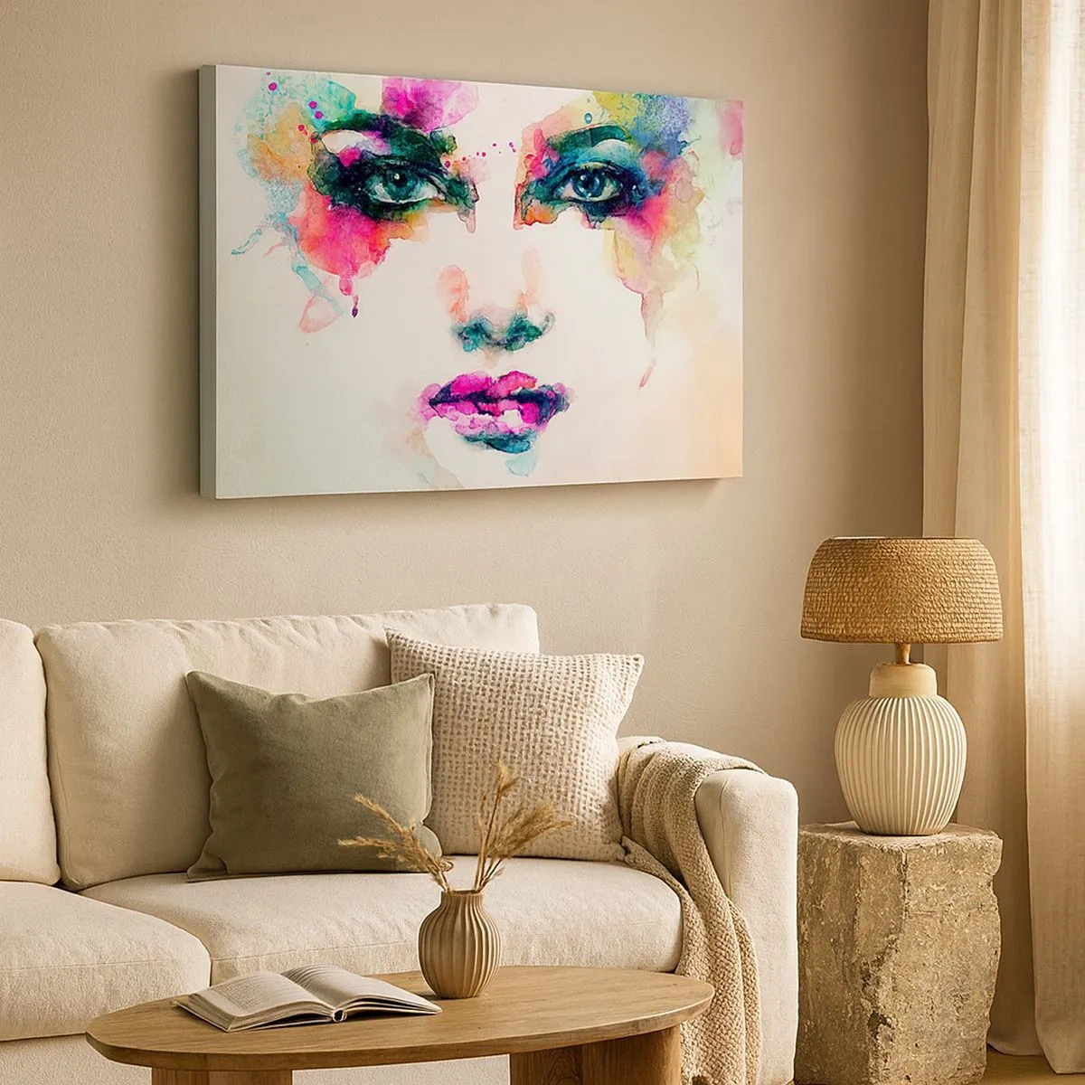 Tablou pe pânză Canvas - Portret abstract al unei femei în culori intense - 70x50cm - Portret pictat cu un curcubeu - Decorațiune modernă pentru perete pentru living și dormitor ARTTOR