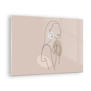 Tablou pe sticlă - O siluetă minimalistă a unei femei pe un fundal bej - 70x50cm - Icoana fecioarei - Decorațiune modernă pentru perete pentru living și dormitor ARTTOR