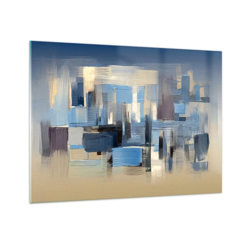 Tablou pe sticlă - Pensule geometrice în nuanțe de albastru și bej - 70x50cm - Construcție albastră - Decorațiune modernă pentru perete pentru living și dormitor ARTTOR