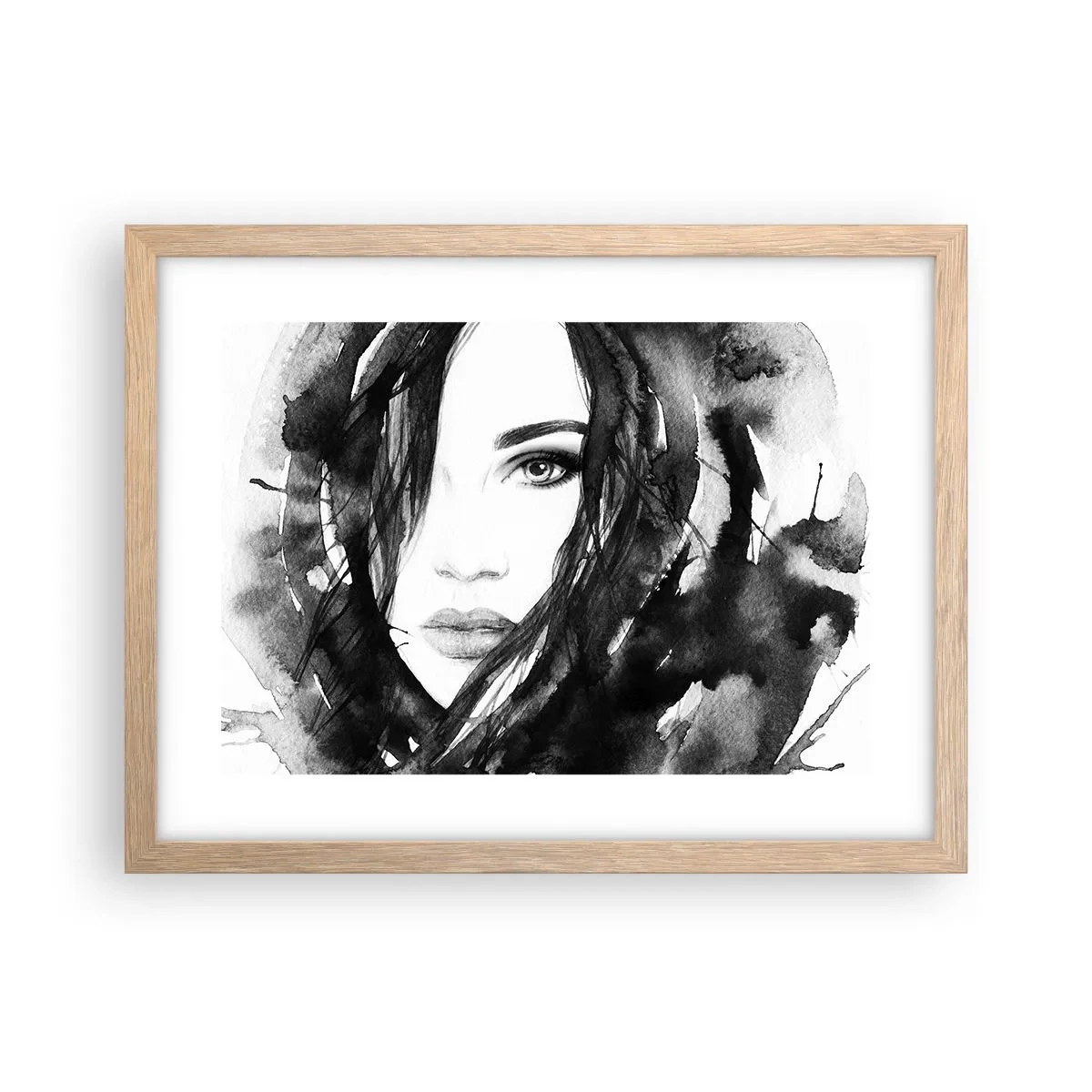 Poster în ramă de stejar deschis - Studiu unei dame în alb și negru - 40x30 cm