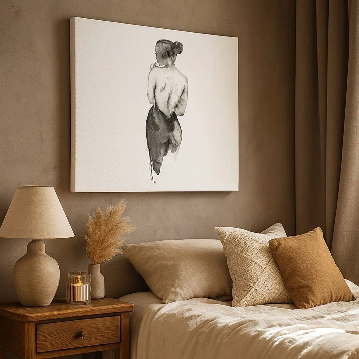 Tablou pe pânză Canvas - Figura unei femei surprinsă în acuarelă subtilă - 70x50cm - Cu ea lumea dispare - Decorațiune modernă pentru perete pentru living și dormitor ARTTOR