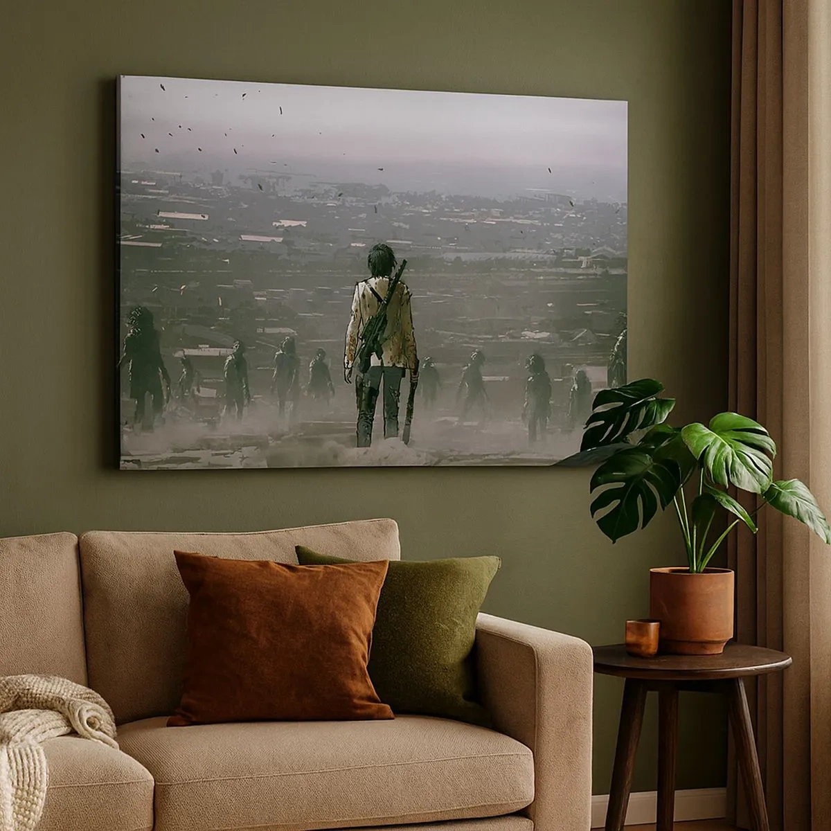 Tablou pe pânză Canvas - O figură cu o armă stă în fața unui grup într-un peisaj distopic. - 70x50cm - Ultimul om în picioare? - Decorațiune modernă pentru perete pentru living și dormitor ARTTOR