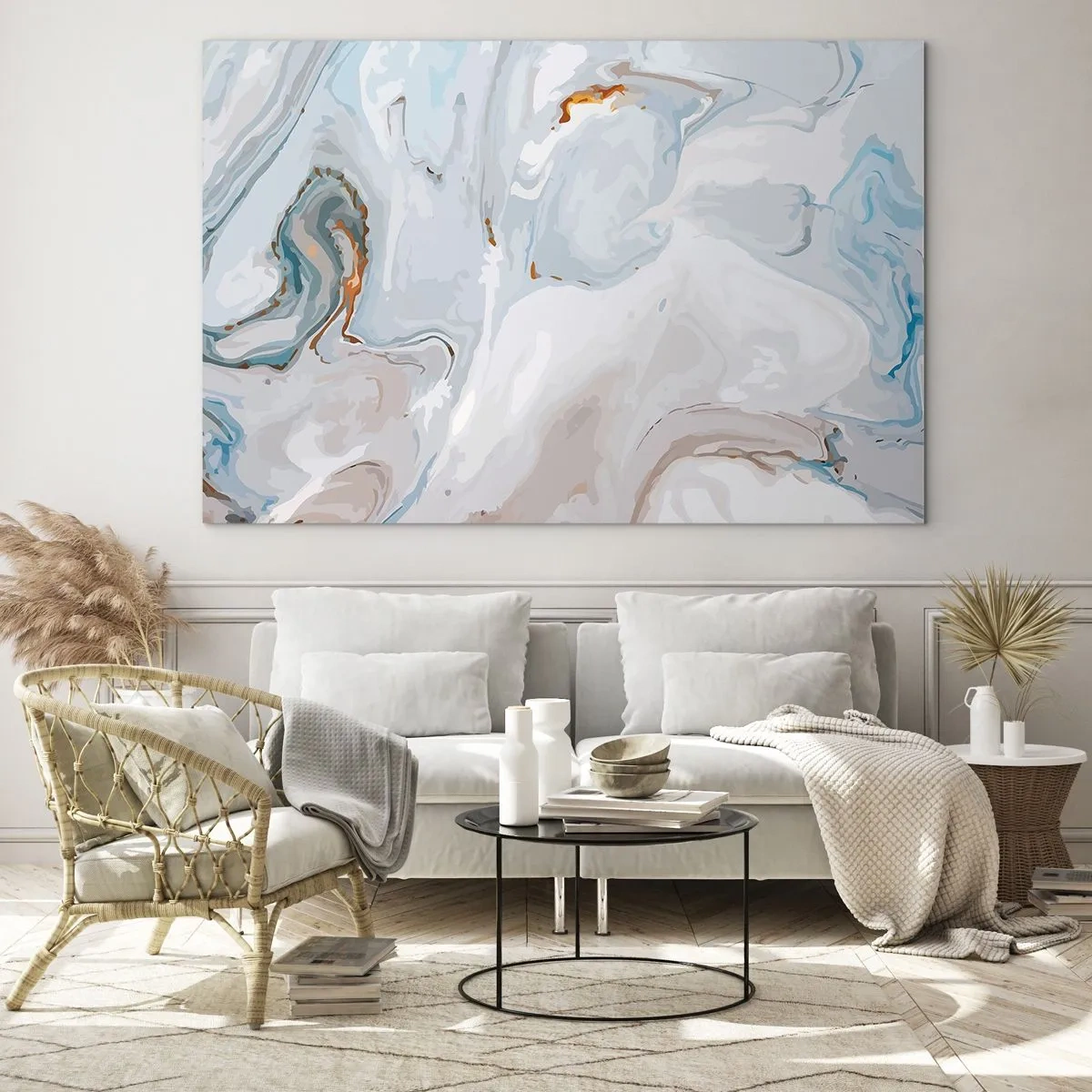 Tablou pe sticlă - Un model subtil de marmură în nuanțe de albastru și alb - 70x50cm - Albul ridicat - Decorațiune modernă pentru perete pentru living și dormitor ARTTOR