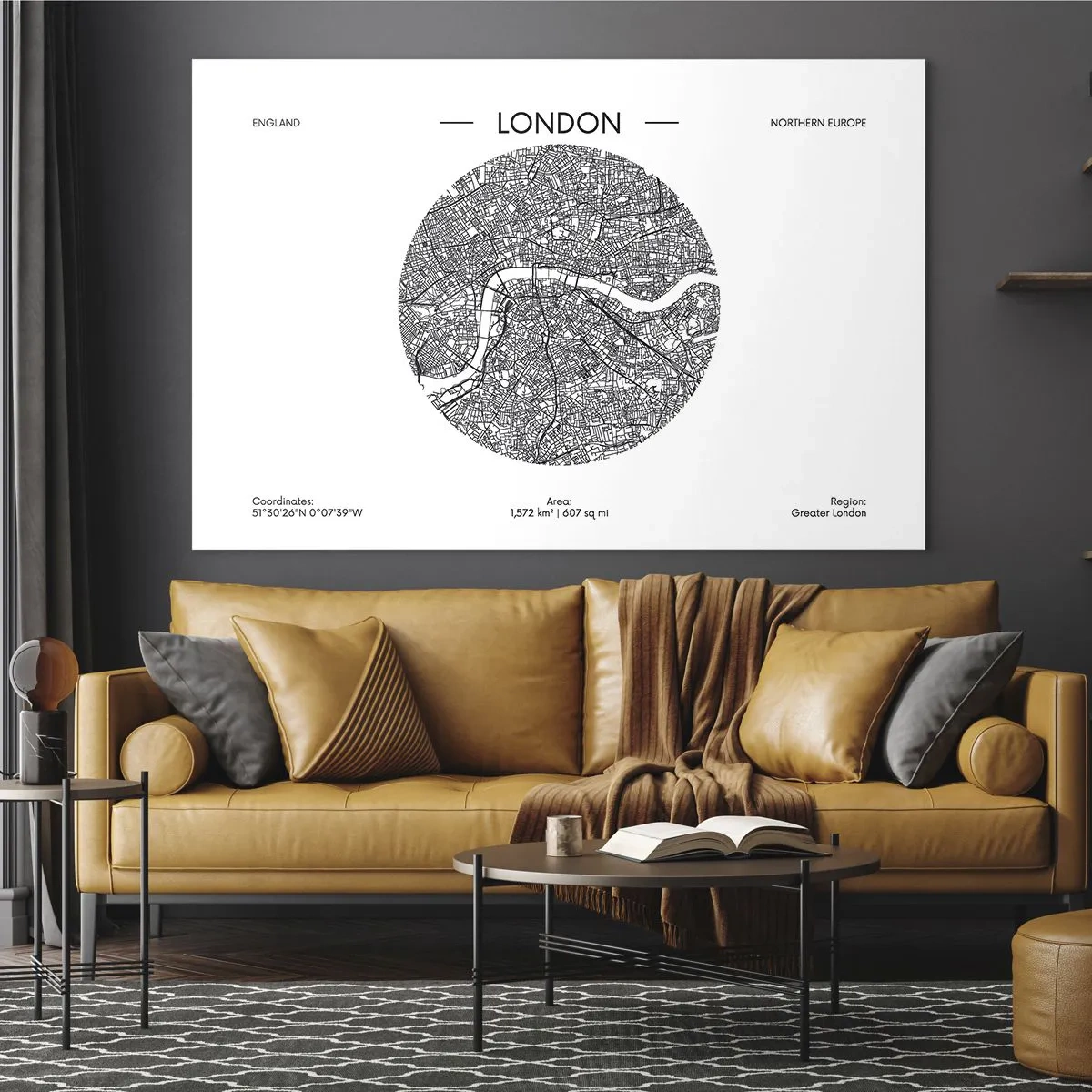 Tablou pe sticlă - O hartă detaliată a Londrei, în stil grafic alb-negru. - 70x50cm - Anatomia Londrei - Decorațiune modernă pentru perete pentru living și dormitor ARTTOR