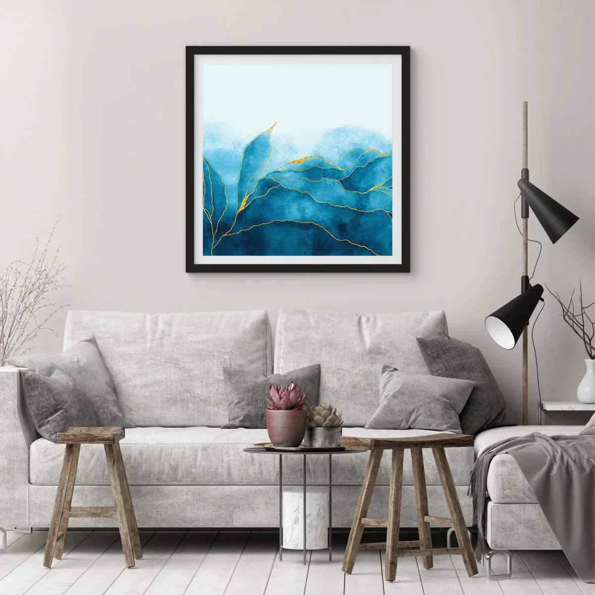 Poster în ramă neagră - Albastru în aur - 40x40 cm