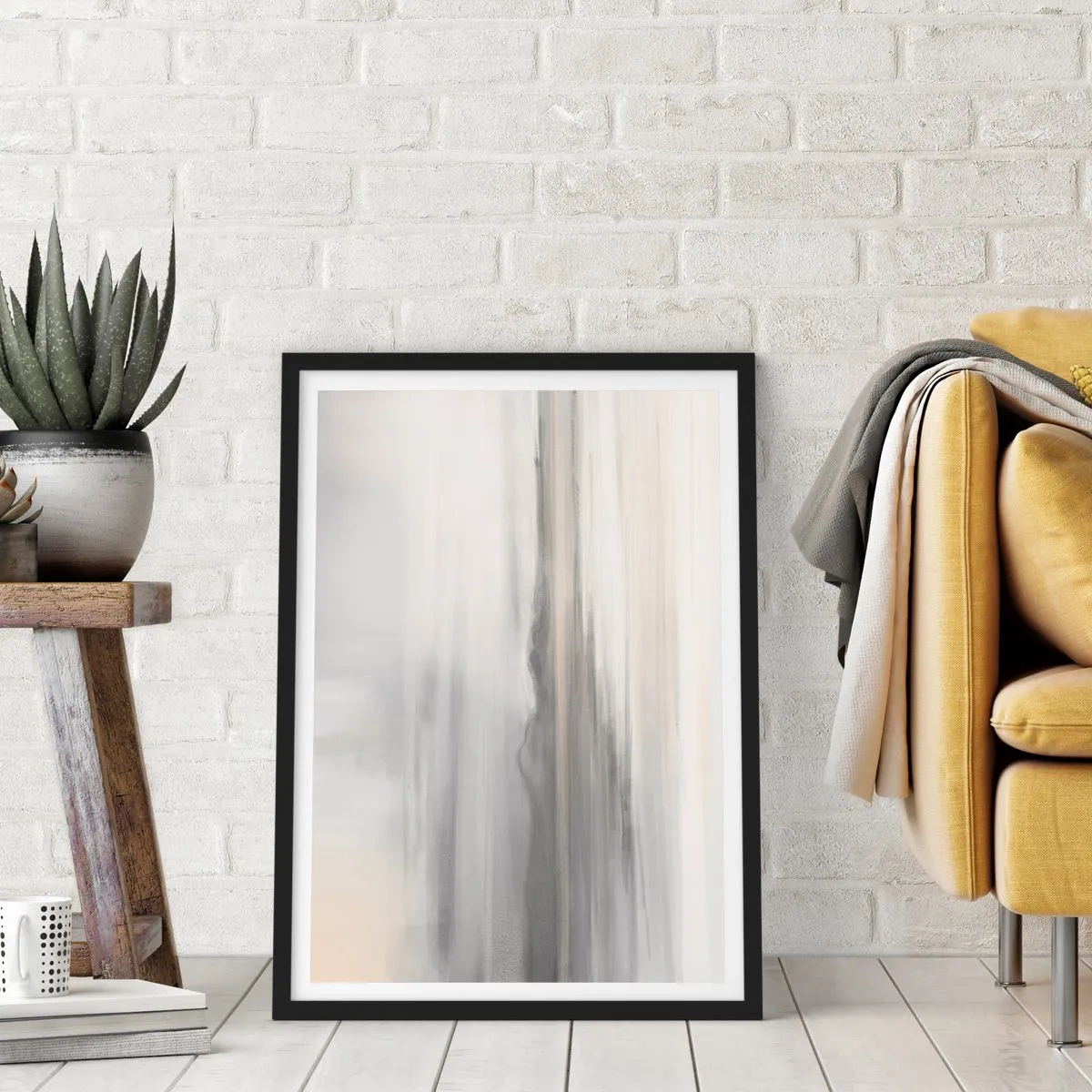 Poster în ramă neagră - Dungi verticale subtile în nuanțe de gri și bej - 50x70cm - Gândul îndepărtat - Decorațiune modernă pentru perete pentru living și dormitor ARTTOR