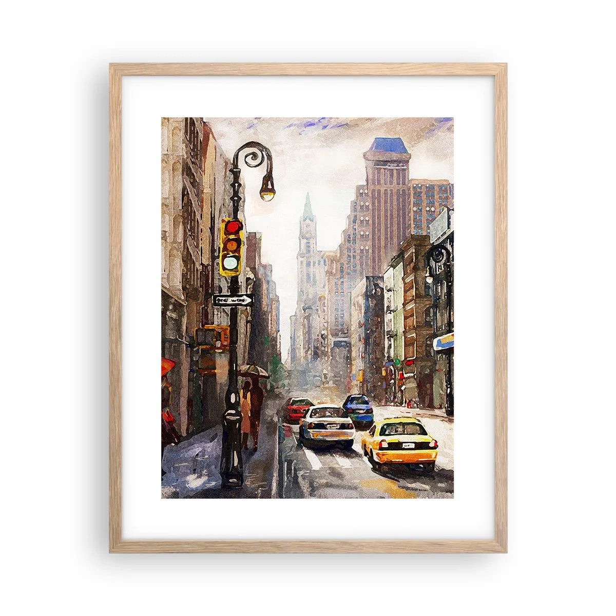 Poster în ramă de stejar deschis - New York - plin de culoare și în ploaie - 40x50 cm