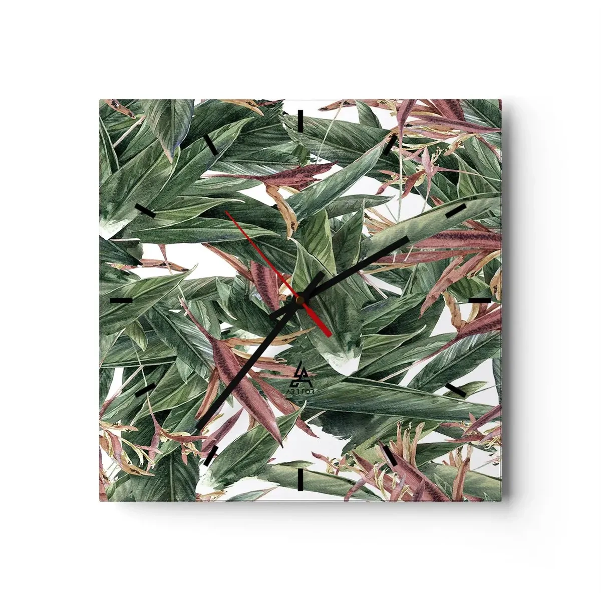 Ceas de perete - Ceas pe sticlă - Tufișuri de smarald și liliac - 40x40 cm