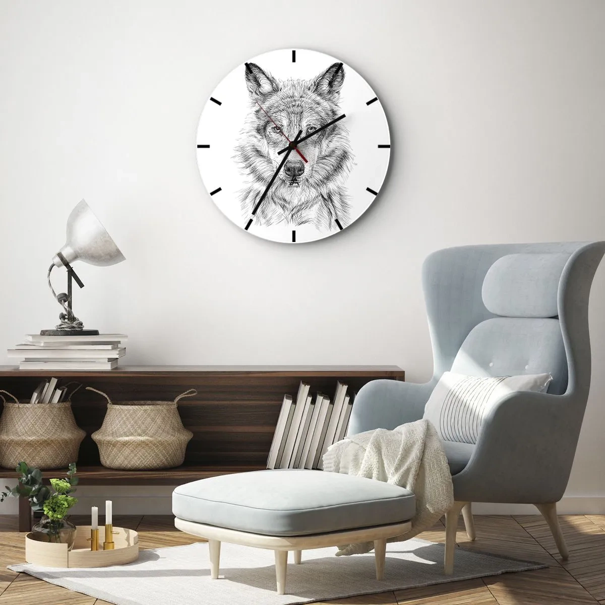 Ceas de perete - Ceas pe sticlă - Schiță alb-negru a unui cap de lup pe fundal alb - 30x30cm - Un lider înnăscut - Decorațiune modernă pentru perete pentru living, bucătărie și dormitor ARTTOR