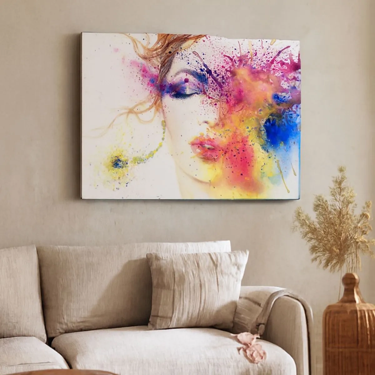 Tablou pe pânză Canvas - Un portret artistic al unei femei în culori expresive de acuarelă. - 70x50cm - Amețeala curcubeului - Decorațiune modernă pentru perete pentru living și dormitor ARTTOR
