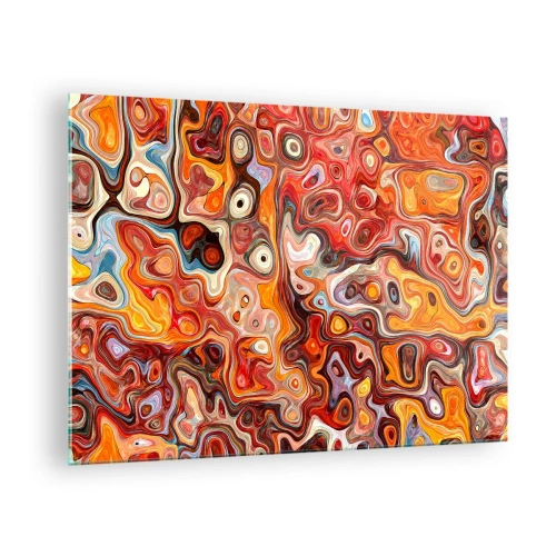 Tablou pe sticlă - Compoziție abstractă în nuanțe de portocaliu și roșu - 70x50cm - Dacă nucile s-au topit în miere - Decorațiune modernă pentru perete pentru living și dormitor ARTTOR