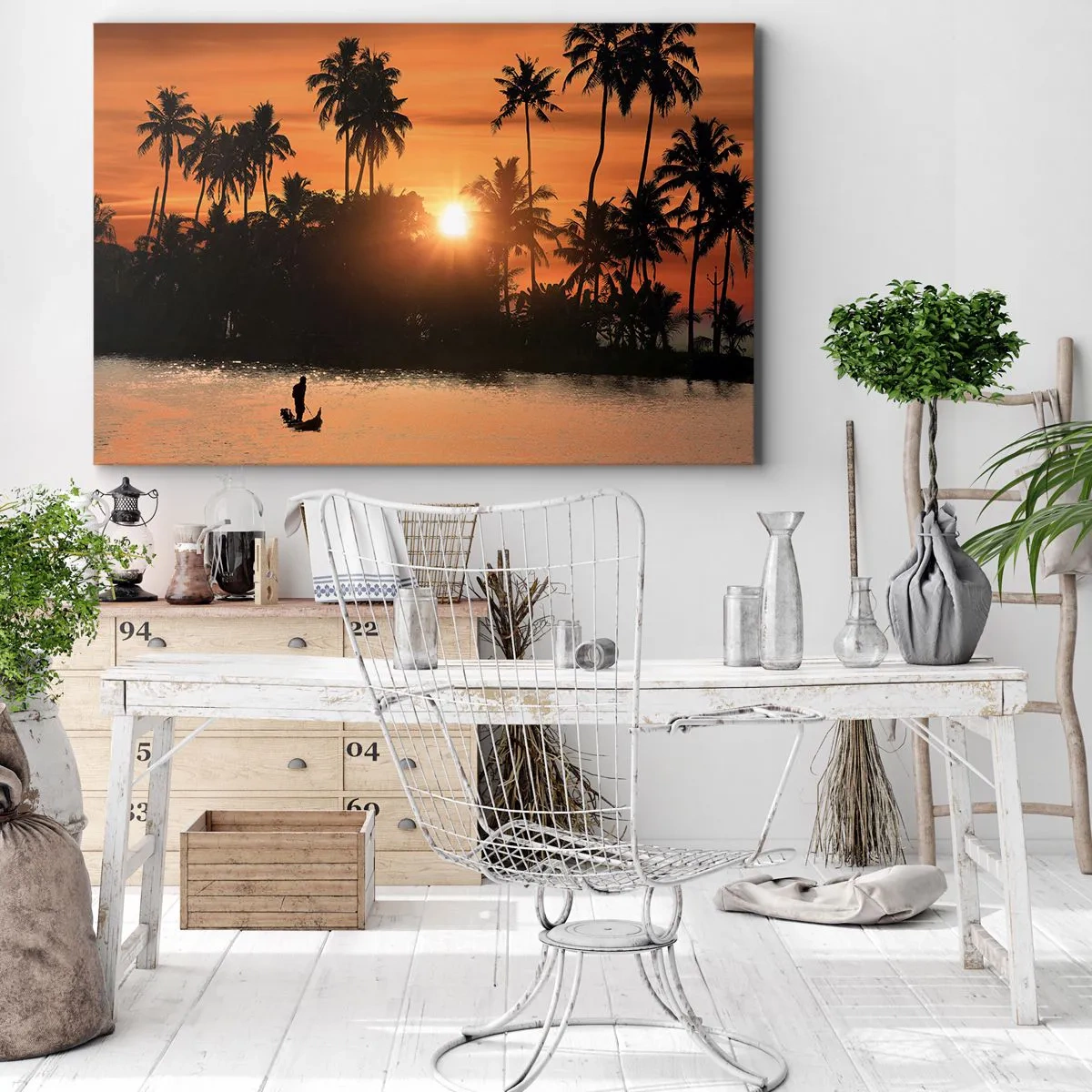 Tablou pe pânză Canvas - Apus de soare peste palmieri și un lac liniștit cu o barcă - 70x50cm - Timp de relaxare - Decorațiune modernă pentru perete pentru living și dormitor ARTTOR