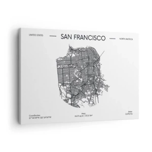 Tablou pe pânză Canvas - O hartă a orașului San Francisco într-un stil minimalist alb-negru. - 70x50cm - Anatomia San Francisco - Decorațiune modernă pentru perete pentru living și dormitor ARTTOR