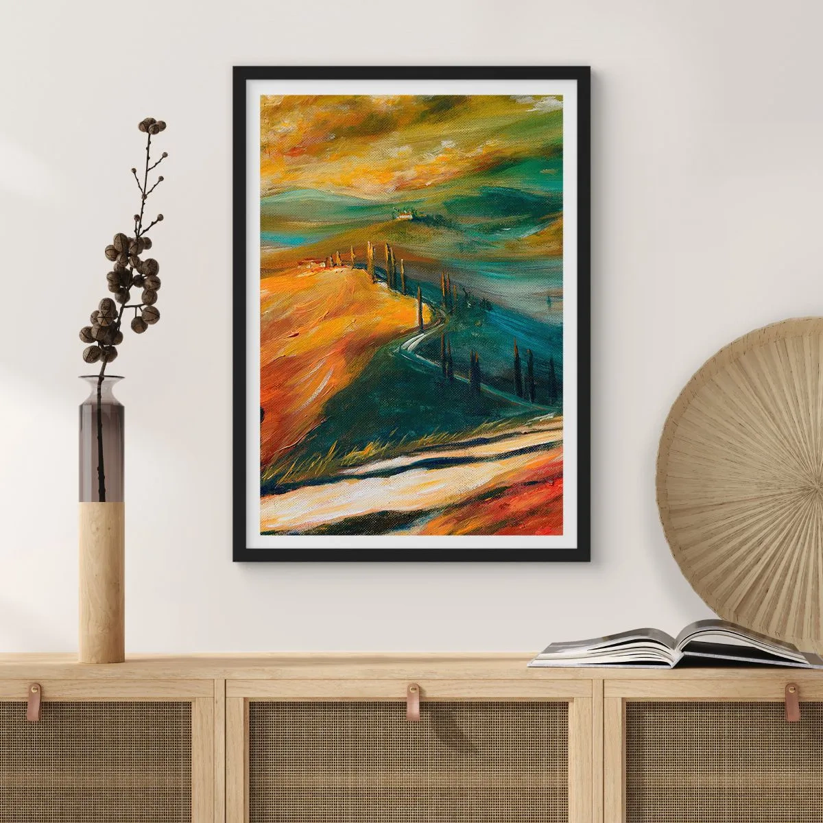Poster în ramă neagră - Un peisaj în culori intense, un drum printre dealuri - 50x70cm - Peisaj toscan - Decorațiune modernă pentru perete pentru living și dormitor ARTTOR