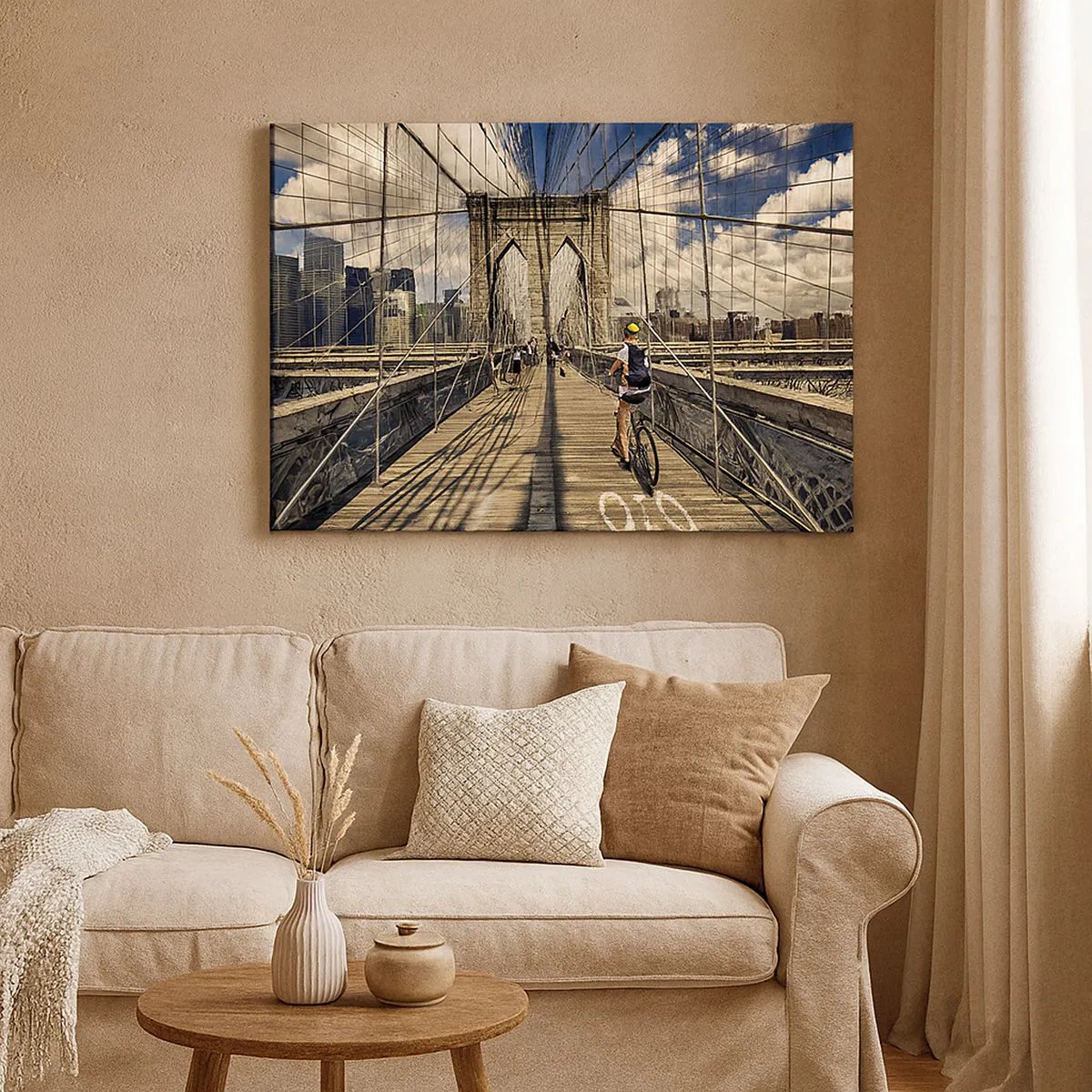 Tablou pe pânză Canvas - Podul Brooklyn cu vedere spre pietoni și bicicliști - 70x50cm - Chiar în inima orașului - Decorațiune modernă pentru perete pentru living și dormitor ARTTOR
