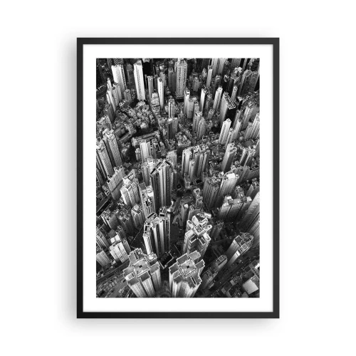 Poster în ramă neagră - Vedere aeriană a zgârie-norilor orașului în alb și negru - 50x70cm - Din ce în ce mai sus - Decorațiune modernă pentru perete pentru living și dormitor ARTTOR