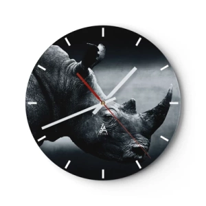 Ceas de perete - Ceas pe sticlă - Portretul unui rinocer în tonuri monocrome pe un fundal întunecat - 30x30cm - Profil drept - Decorațiune modernă pentru perete pentru living, bucătărie și dormitor ARTTOR