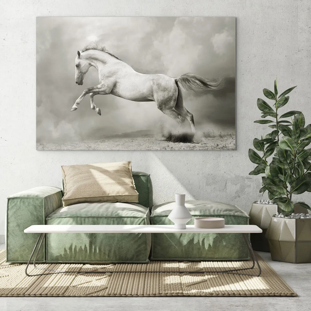Tablou pe sticlă - Un cal alb sărind pe nori - 70x50cm - Între veghe și visare - Decorațiune modernă pentru perete pentru living și dormitor ARTTOR