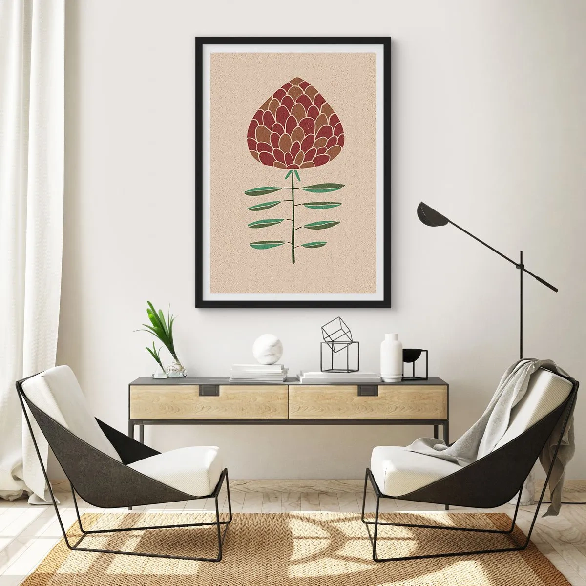 Poster în ramă neagră - Floare abstractă în culori calde pe un fundal bej - 50x70cm - Deliciu pentru veveriță - Decorațiune modernă pentru perete pentru living și dormitor ARTTOR