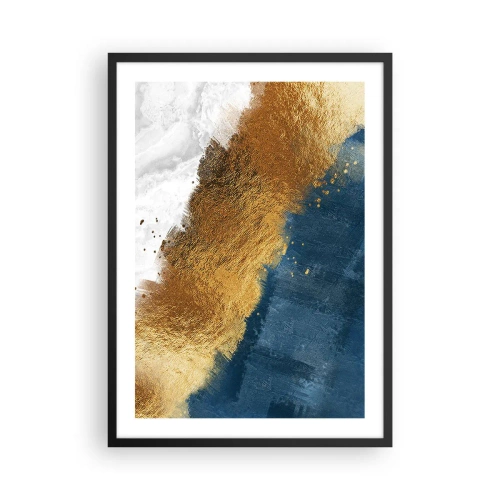 Poster în ramă neagră - O compoziție abstractă de auriu, albastru marin și alb - 50x70cm - Culorile verii - Decorațiune modernă pentru perete pentru living și dormitor ARTTOR