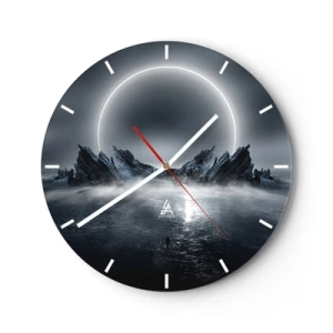 Ceas de perete - Ceas pe sticlă - Peisaj futurist cu eclipsă și roci ascuțite - 30x30cm - Final de poveste - Decorațiune modernă pentru perete pentru living, bucătărie și dormitor ARTTOR