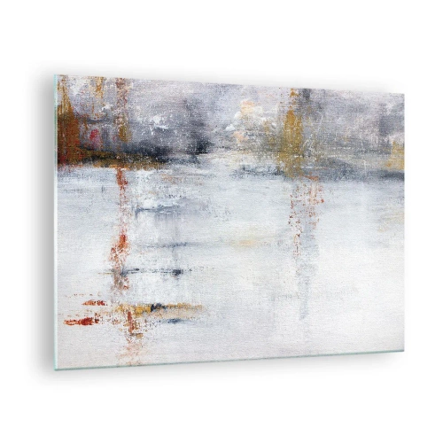 Tablou pe sticlă - O pictură abstractă care prezintă o combinație subtilă de gri, alb și auriu. - 70x50cm - În spatele cortinei de aer - Decorațiune modernă pentru perete pentru living și dormitor ARTTOR