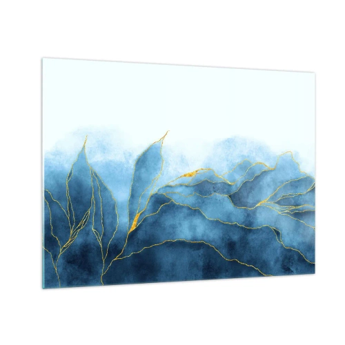 Tablou pe sticlă - Forme abstracte albastre cu linii aurii delicate. - 70x50cm - Albastru în aur - Decorațiune modernă pentru perete pentru living și dormitor ARTTOR