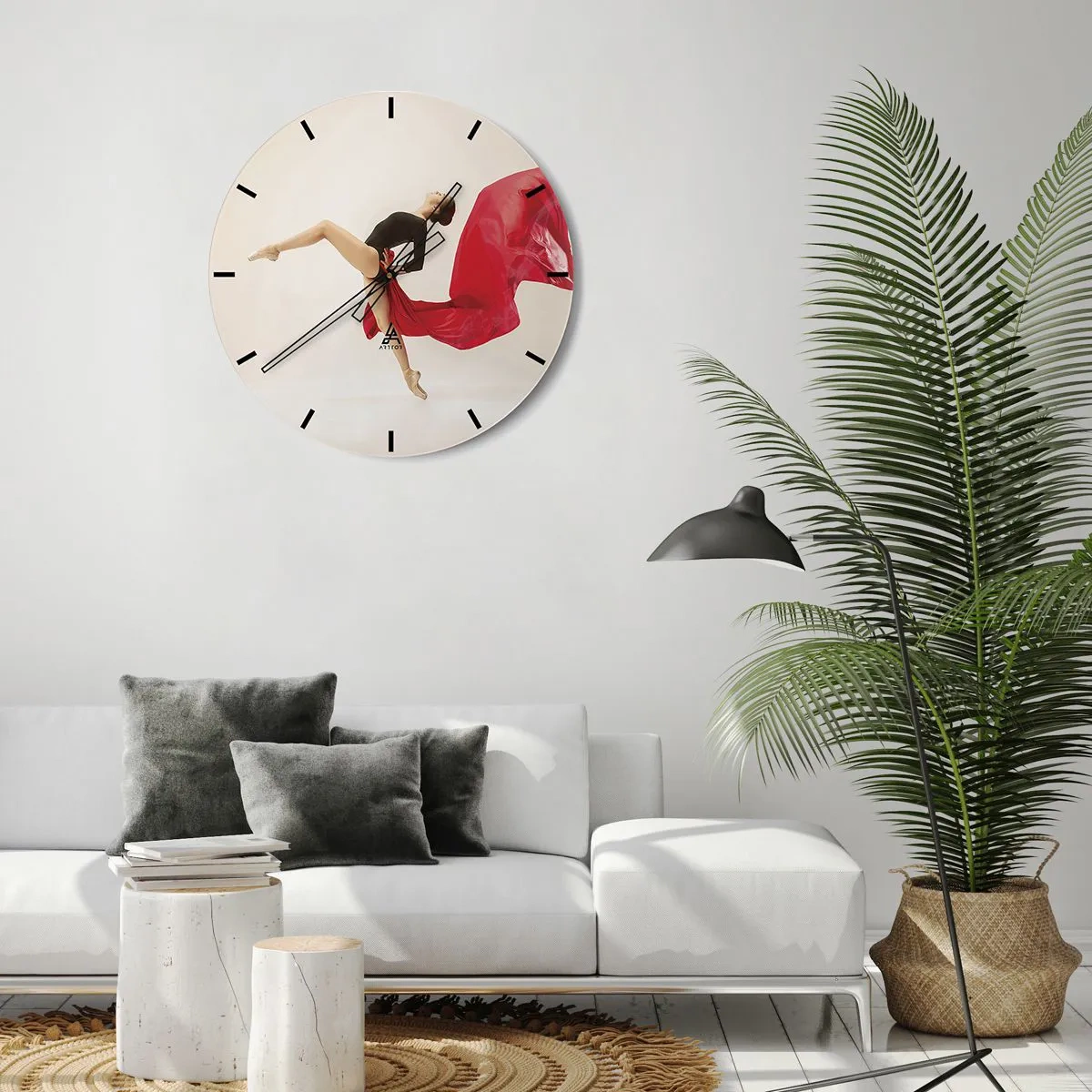 Ceas de perete - Ceas pe sticlă - O dansatoare într-o poză dinamică cu material textil roșu - 30x30cm - Roșu și negru - Decorațiune modernă pentru perete pentru living, bucătărie și dormitor ARTTOR
