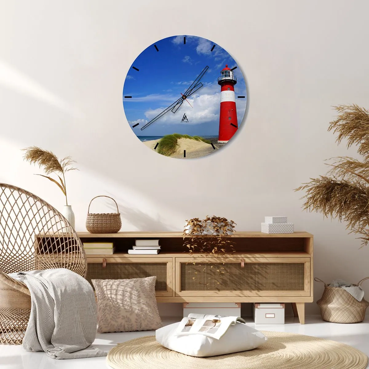 Ceas de perete - Ceas pe sticlă - Un far roșu și alb pe un cer albastru - 30x30cm - Loc de refugiu de vis - Decorațiune modernă pentru perete pentru living, bucătărie și dormitor ARTTOR