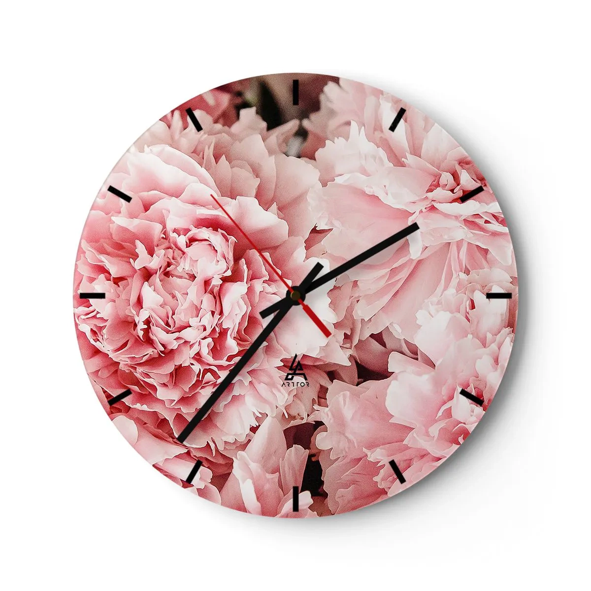 Ceas de perete - Ceas pe sticlă - Un prim-plan al bujorilor roz luxurianți în plină floare - 30x30cm - Visul roz - Decorațiune modernă pentru perete pentru living, bucătărie și dormitor ARTTOR