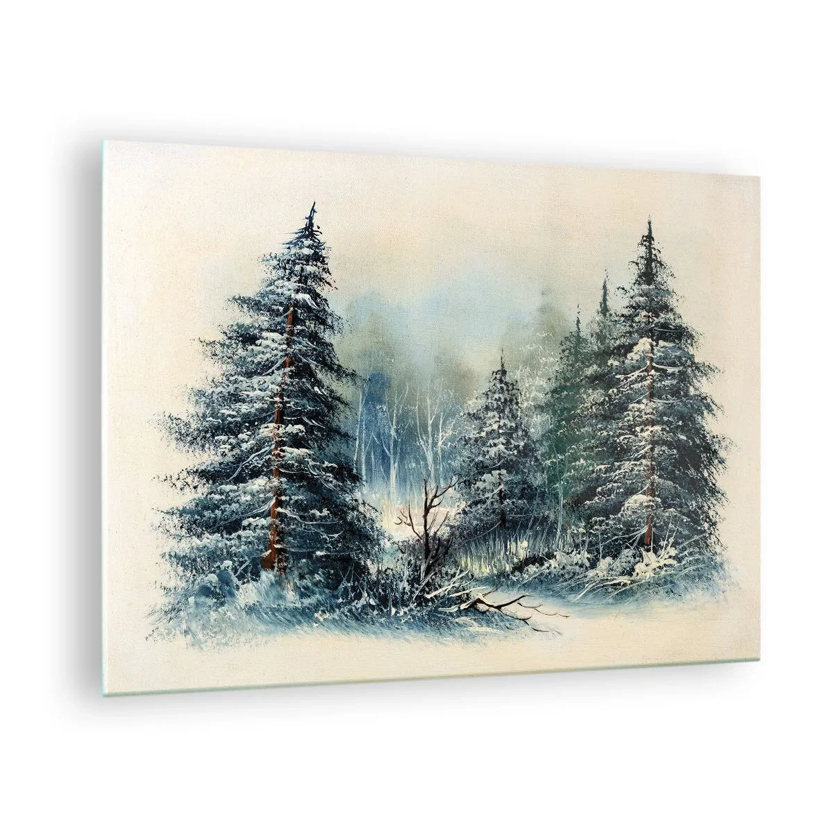Tablou pe sticlă - Pădure de iarnă cu copaci acoperiți de zăpadă pe cer - 70x50cm - Gata pentru Crăciun - Decorațiune modernă pentru perete pentru living și dormitor ARTTOR